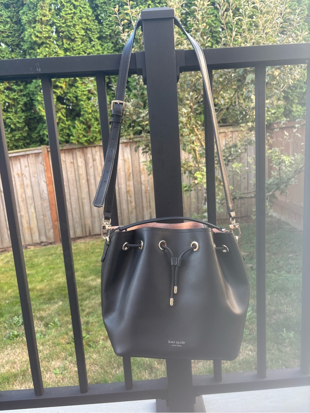 kate spade Black Leather Drawstring Bucket Crossbody Bag with Gold Hardware